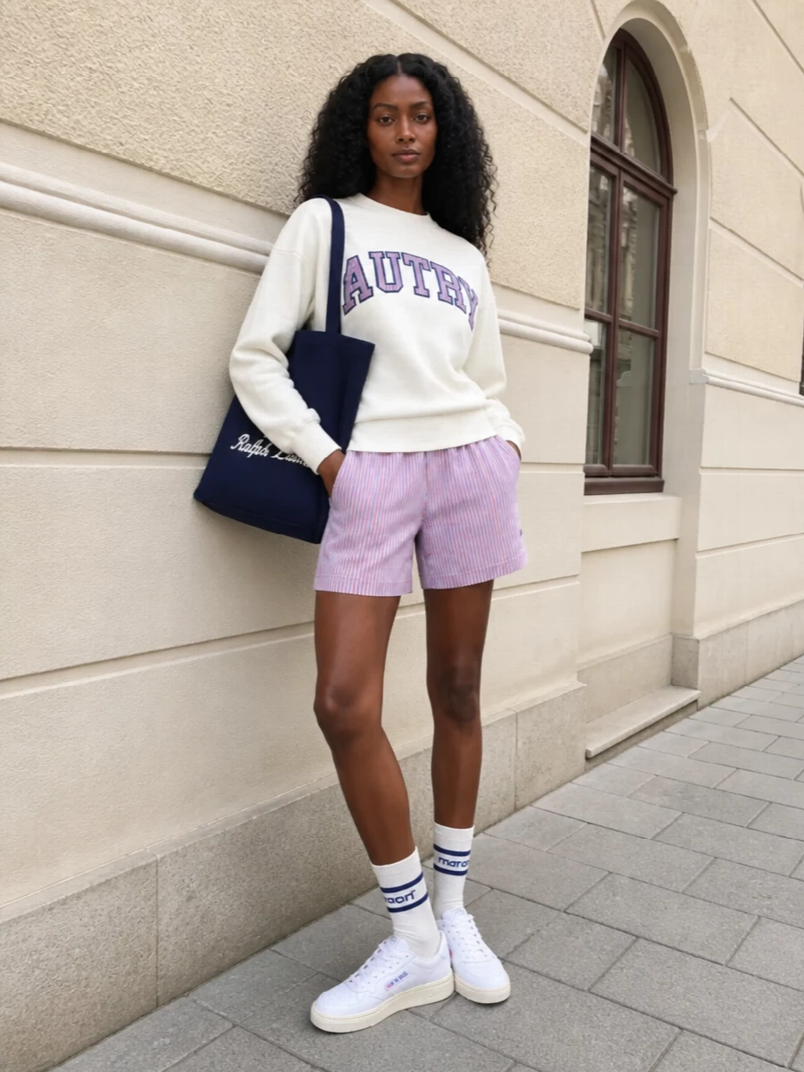 Autry varsity sweatshirt striped shorts sneakers