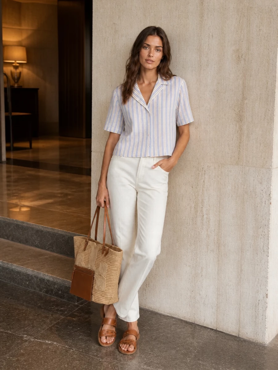 A sun-faded striped camp shirt and clean ivory trousers create a quietly preppy base that sits perfectly with the woven Tory Burch tote. Tan leather flats pick up the bag’s handles, keeping the palette warm and cohesive while the long, straight leg keeps the silhouette relaxed but considered. Choosing separates here gives you an easy city-to-coast outfit that feels polished without losing the holiday ease of the straw bag.