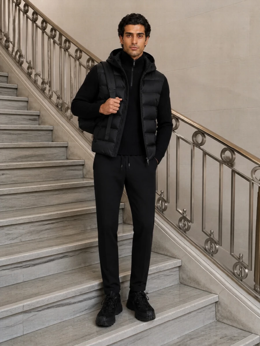 Moncler black padded jacket jogger outfit