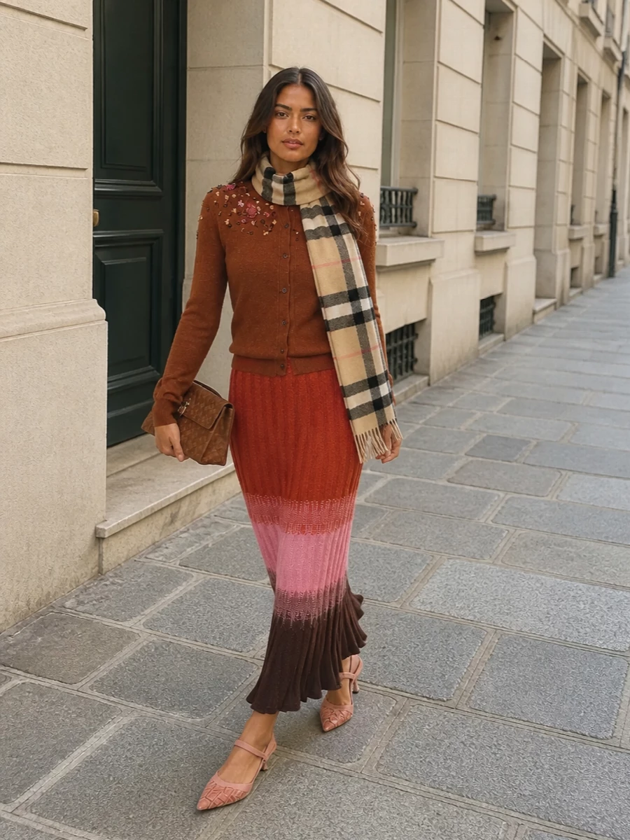 Fendi ribbed midi skirt embellished cardigan outfit