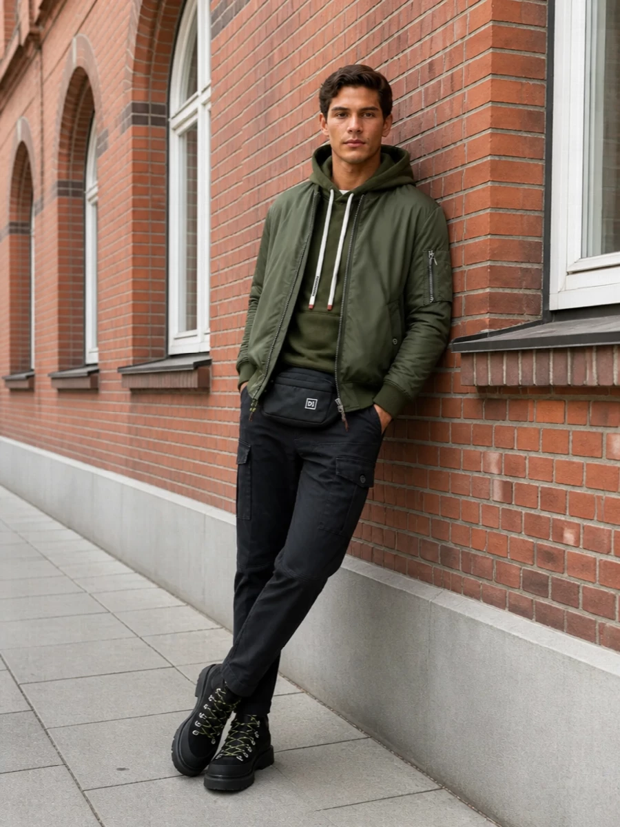 Dsquared2 bomber cargo pants hiking boots outfit