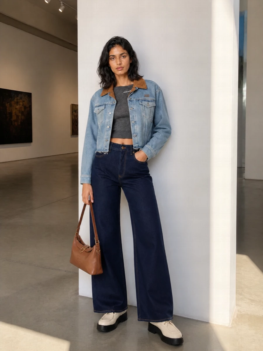 Miu miu denim jacket wide leg jeans outfit