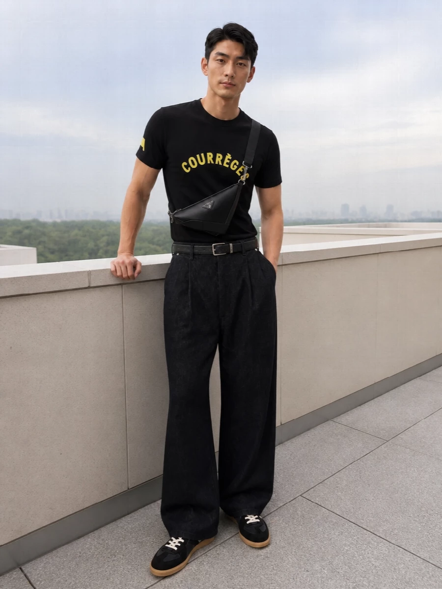 Graphic Courrèges typography sits over a deep, washed-black wide leg, giving the outfit a modern, slightly architectural line. Dark Margiela sneakers and a sharp Prada crossbody keep everything grounded in monochrome streetwear rather than hype, while a slim Saint Laurent belt quietly defines the high-rise waist. The result is clean, logo-aware and relaxed, with volume controlled by precise accessories and footwear.