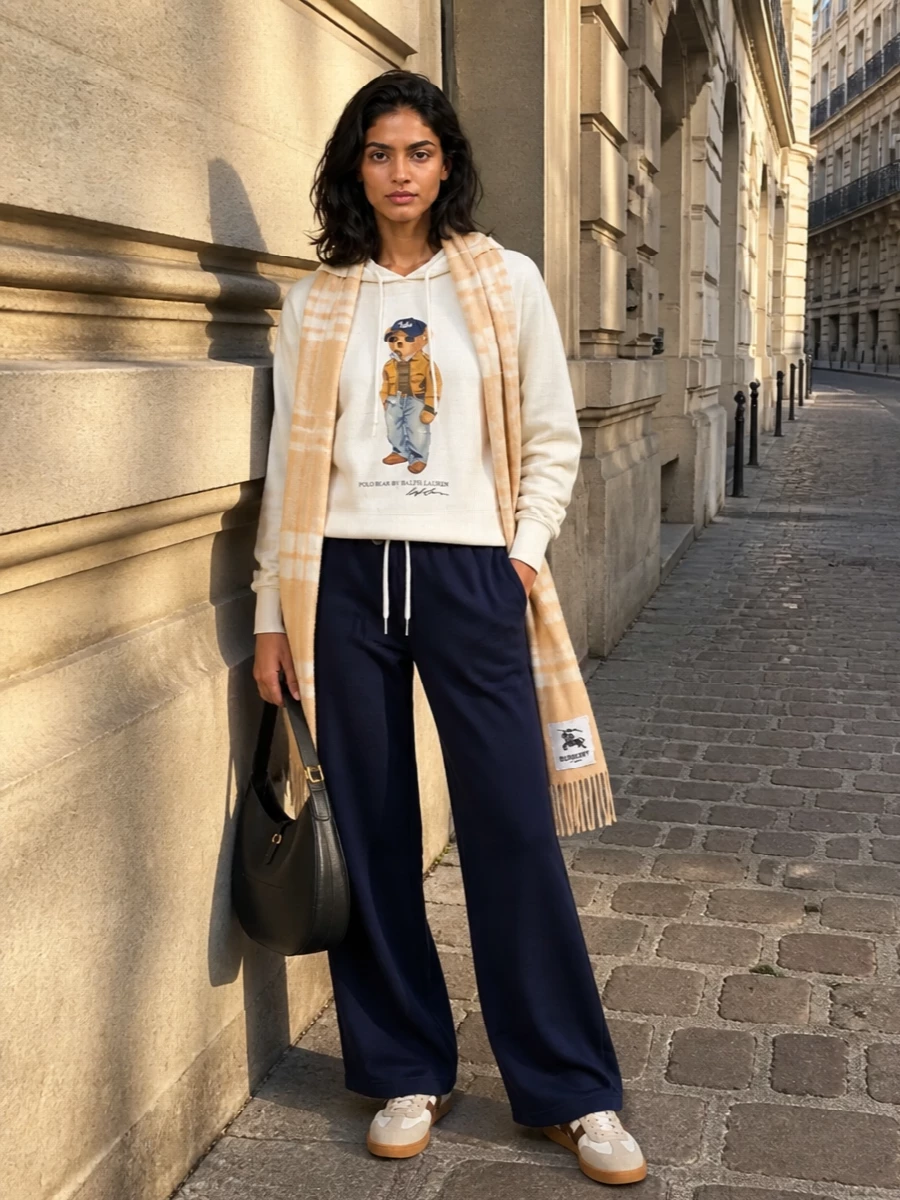 Ralph lauren polo bear hoodie navy wide leg pants