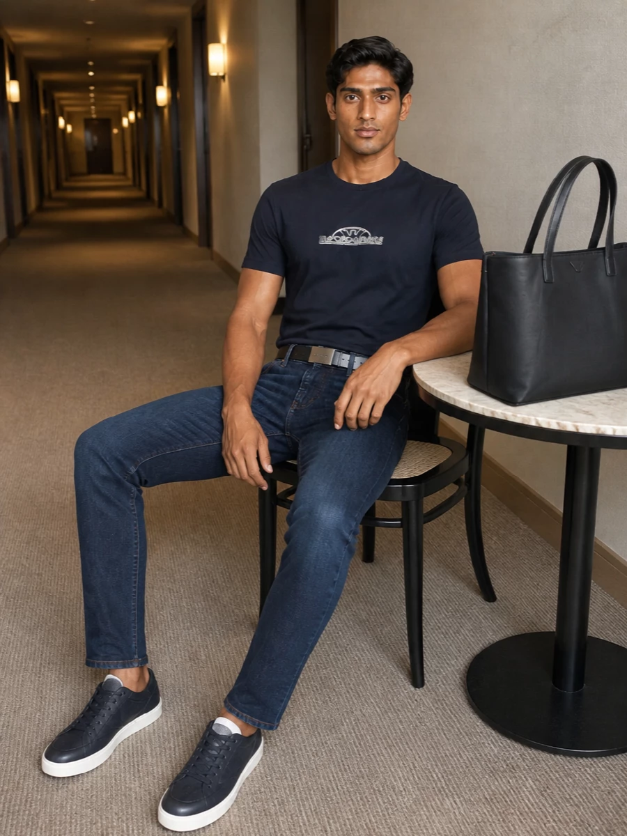 Navy on navy keeps the line clean, with the logo tee sitting neatly against slim mid-indigo denim for that easy, polished off-duty energy. Crisp navy sneakers echo the top half and sharpen the proportions, while the structured tote and discreet belt finish everything in a calm, city-ready way.