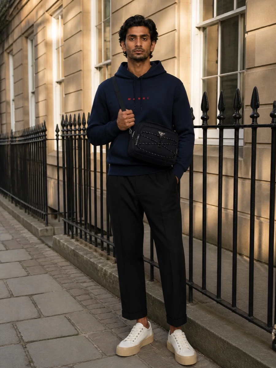 Navy-on-ink tones keep this Marni hoodie grounded, with the cropped black trouser giving it a sharper, city-ready line. Chunky off-white sneakers break up the dark base just enough, while the structured Prada crossbody leans into a technical, low-key luxury mood. The result is relaxed, modern and quietly graphic rather than logo-driven or loud.