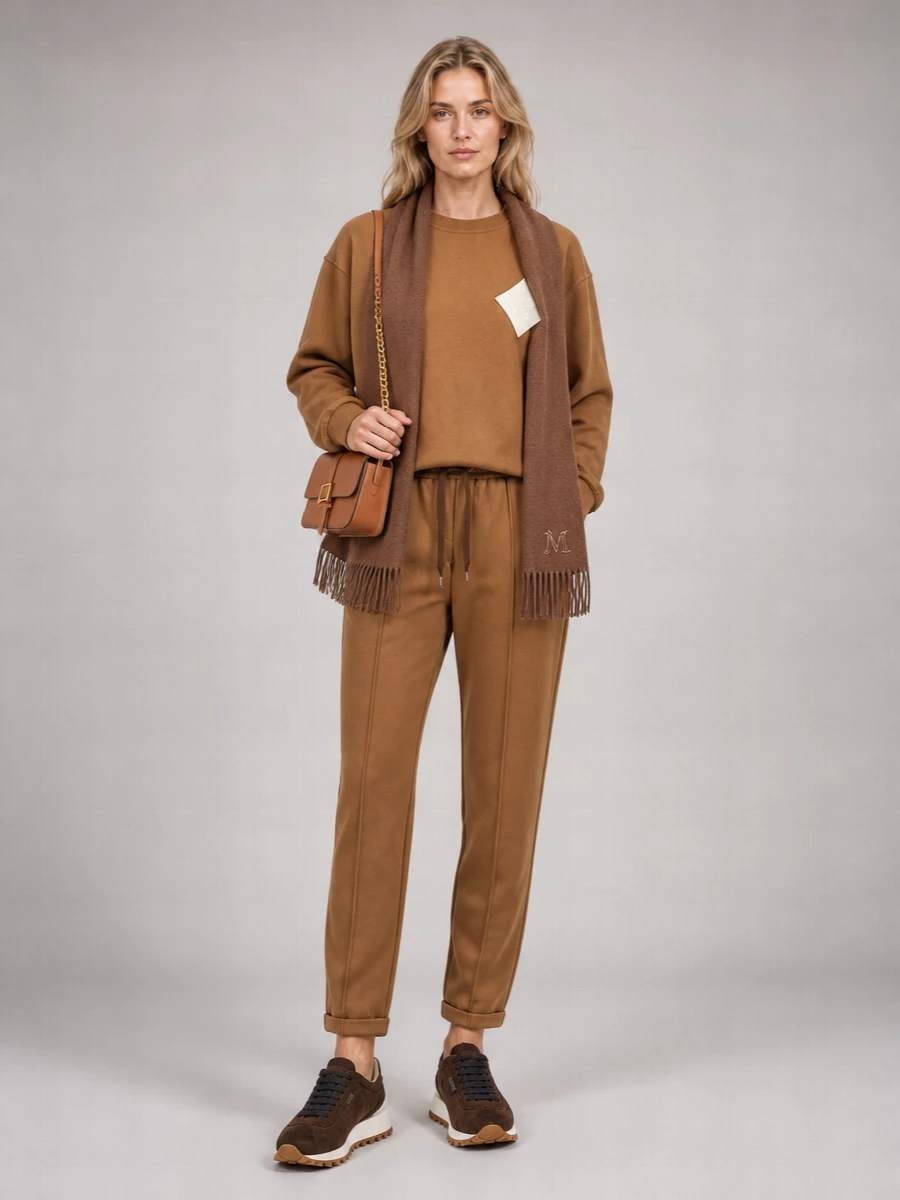 A caramel-on-caramel pairing keeps the sweatshirt and jogger reading like a modern, monochrome set, with clean lines and subtle seaming doing all the work. Deep brown runners and a structured cognac crossbody ground the softness, while a chestnut scarf adds just enough texture for cold days without breaking the quiet palette. The result is relaxed, city-ready uniform dressing that feels composed rather than casual.