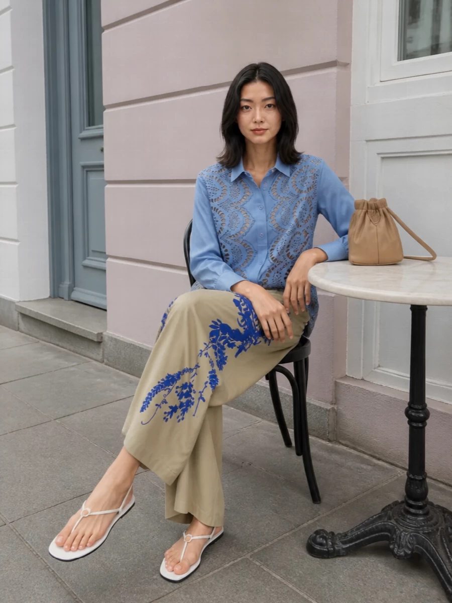 Parosh wide leg floral pants blue summer shirt