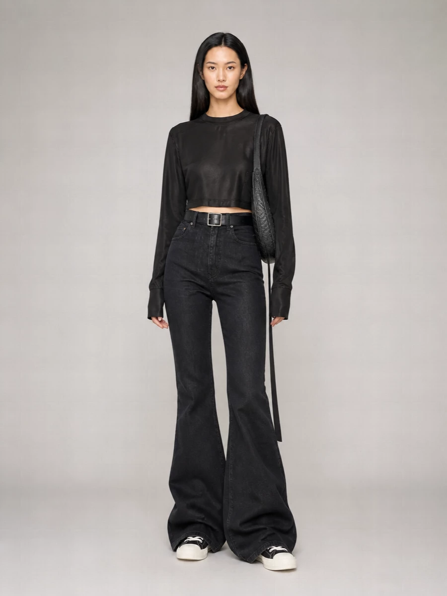 Rick Owens Drkshdw Ribbed Collar Cropped Long-Sleeve Blouse