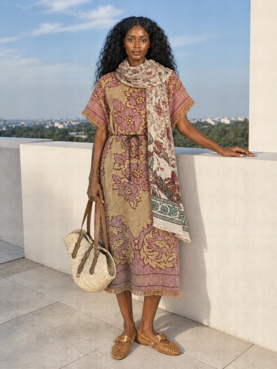 Zimmermann’s floral kaftan stays firmly in focus, framed by woven tan flats that quietly underline its tapestry texture and easy waist. A sculpted straw tote adds just enough structure and earthiness, while a soft printed wrap introduces deeper wine and teal notes that make the warm dusty rose palette feel richer and ready for late-afternoon cocktails. The result is relaxed, romantic and bohemian, with every element kept textural and sun-drenched rather than fussy.