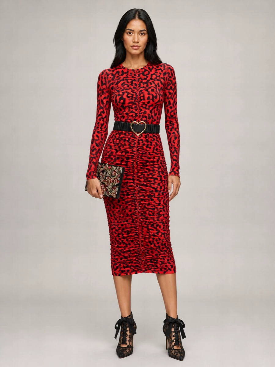 Dolce&Gabbana Leopard-Print Long-Sleeve Midi Dress
