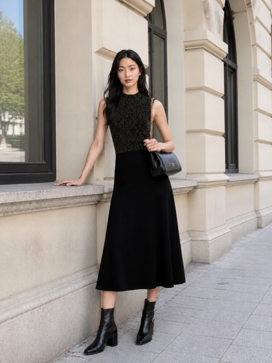 Prada black midi dress ankle boots chain bag