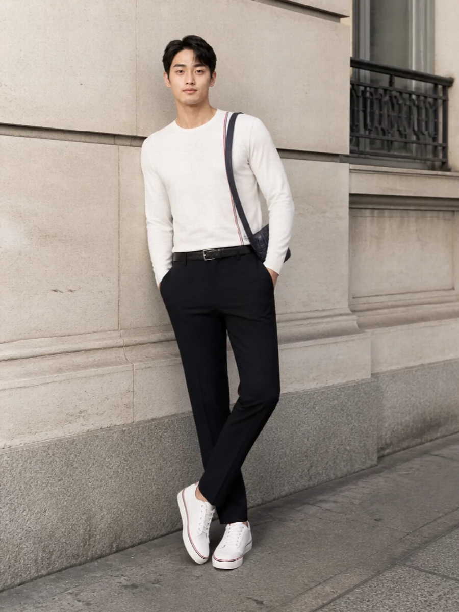 This look leans into Thom Browne’s clean uniform language: a crisp white tricolour-striped knit grounded by slim ink-navy tailoring for a sharp, elongated silhouette. White low-top sneakers with matching tricolour detail keep it modern and spring-ready, while an intrecciato navy crossbody and a discreet black textured belt add quiet depth and craftsmanship without interrupting the minimal preppy palette.