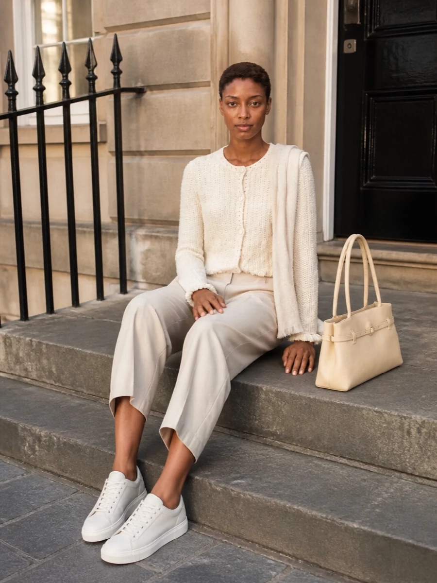 Emporio armani ivory cardigan beige cropped trousers