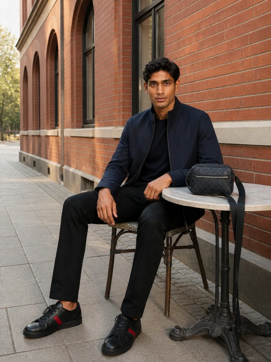 Gucci navy jacket black jeans sneakers outfit
