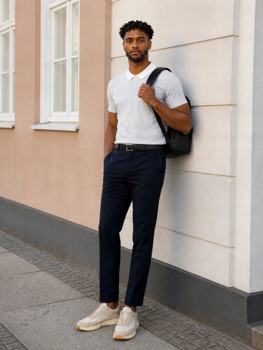 Boss polo navy trousers cream sneakers