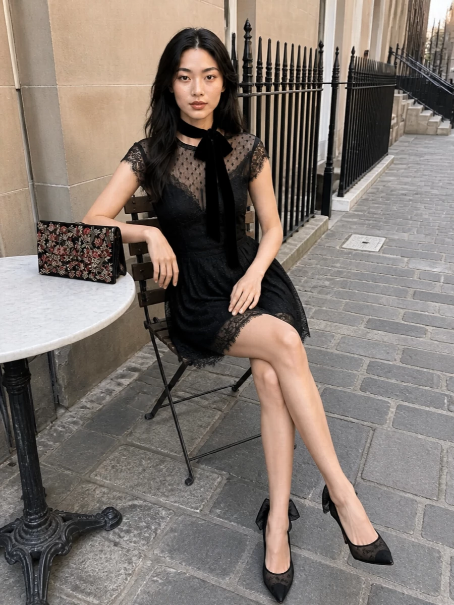 A black lace mini with sheer tulle detailing is sharpened by sculptural mesh stilettos and a jewel-like beaded clutch. The result is dark, romantic cocktail dressing that feels cinematic from every angle. A narrow velvet scarf at the neck adds just enough drama while preserving the dress as the main event.