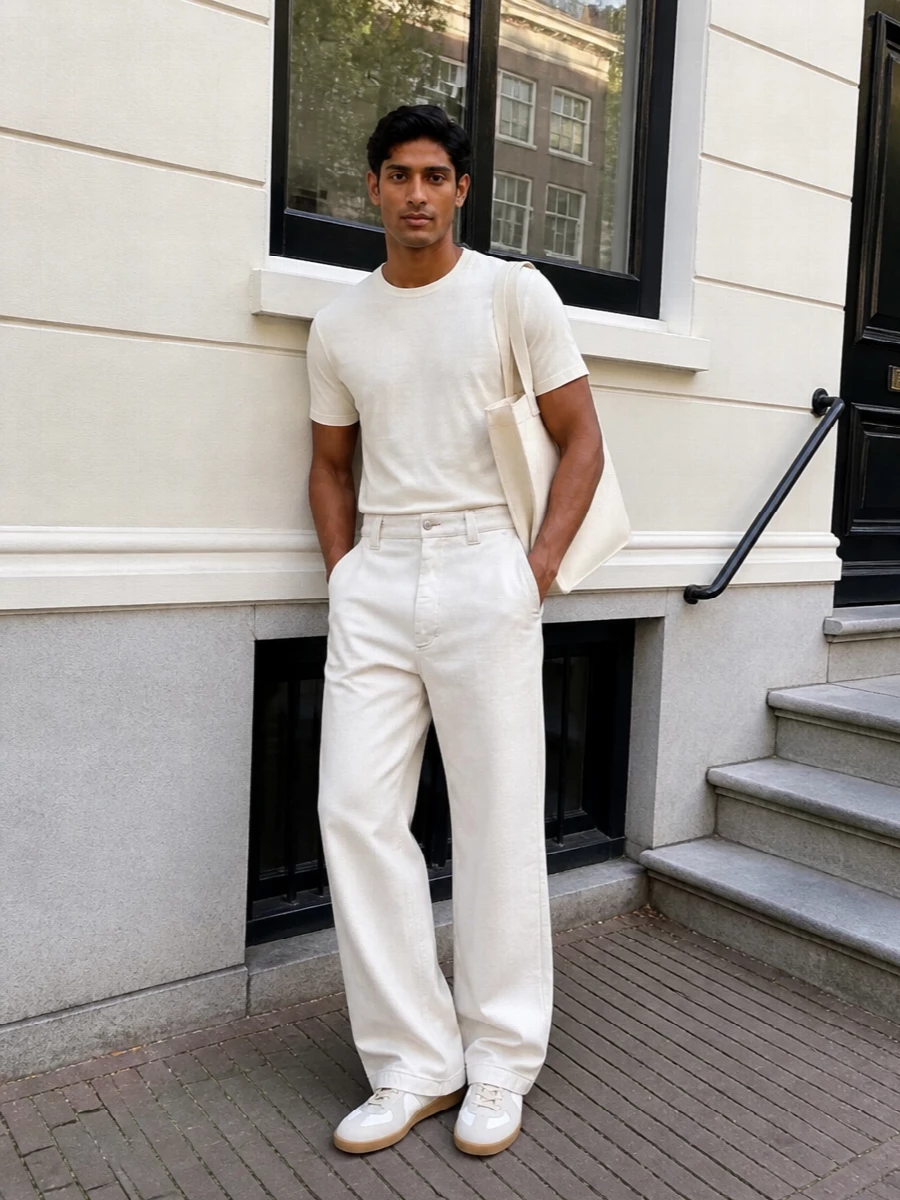 A tone on tone story in soft neutrals, this outfit leans into Margiela’s quiet precision with light wide‑leg trousers and a buttercream tee grounded by classic gum‑soled sneakers. The relaxed volume through the leg against the clean, regular top line feels modern but unfussy, ideal for city days where you want polish without formality. A structured off‑white tote finishes the palette and gives the whole composition a calm, art‑school confidence.