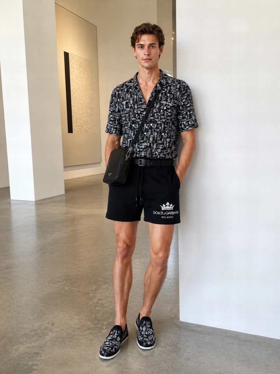 Dolce gabbana camp shirt black crest shorts outfit