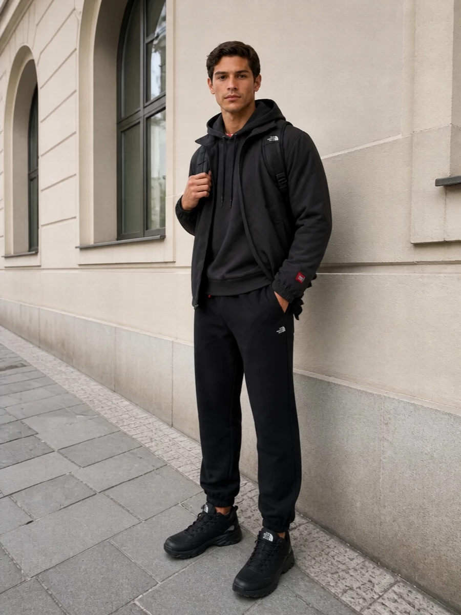 The north face charcoal jacket jogger outfit