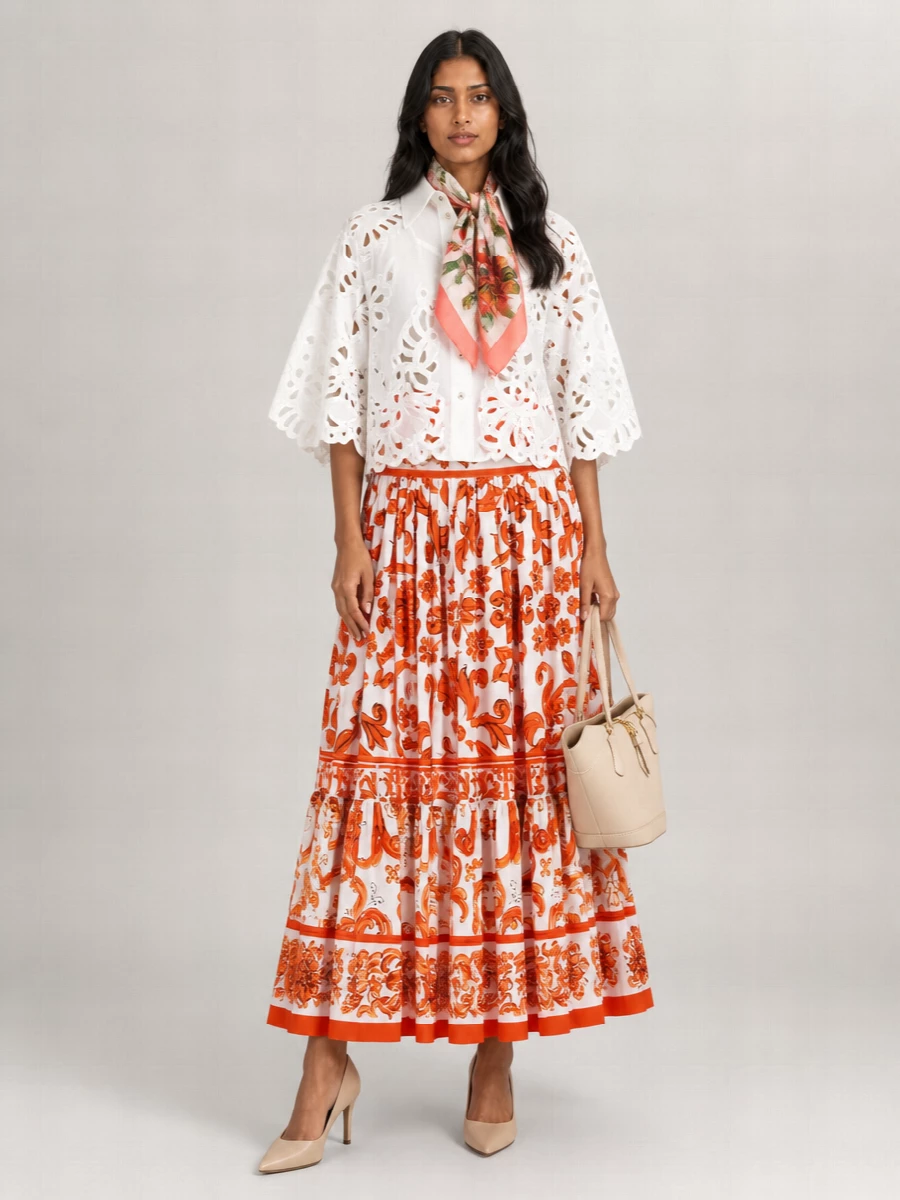 Dolce&Gabbana Maiolica Printed High-Rise Flared Cotton Maxi Skirt