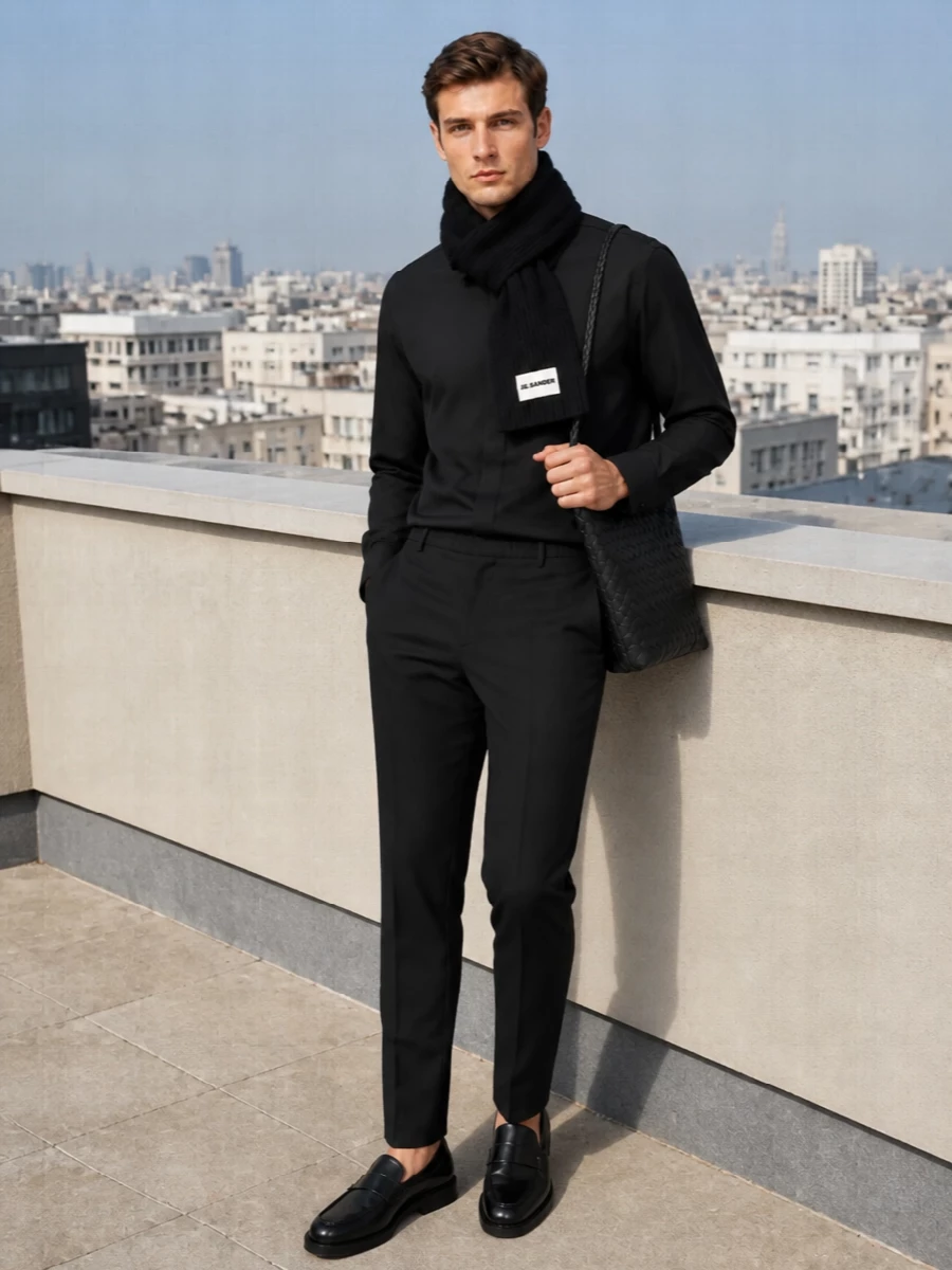 Jil sander black shirt trouser outfit loafers