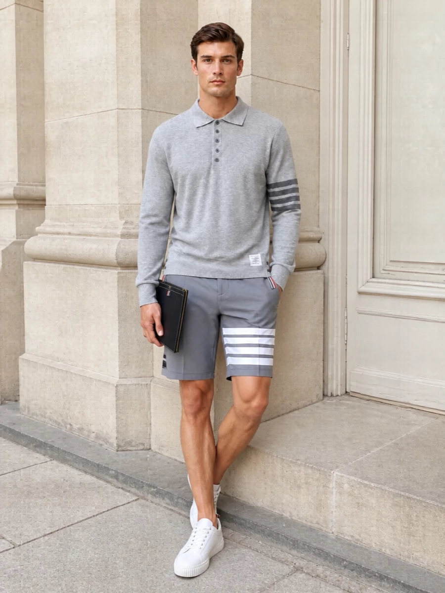 Thom browne grey polo tailored shorts sneakers