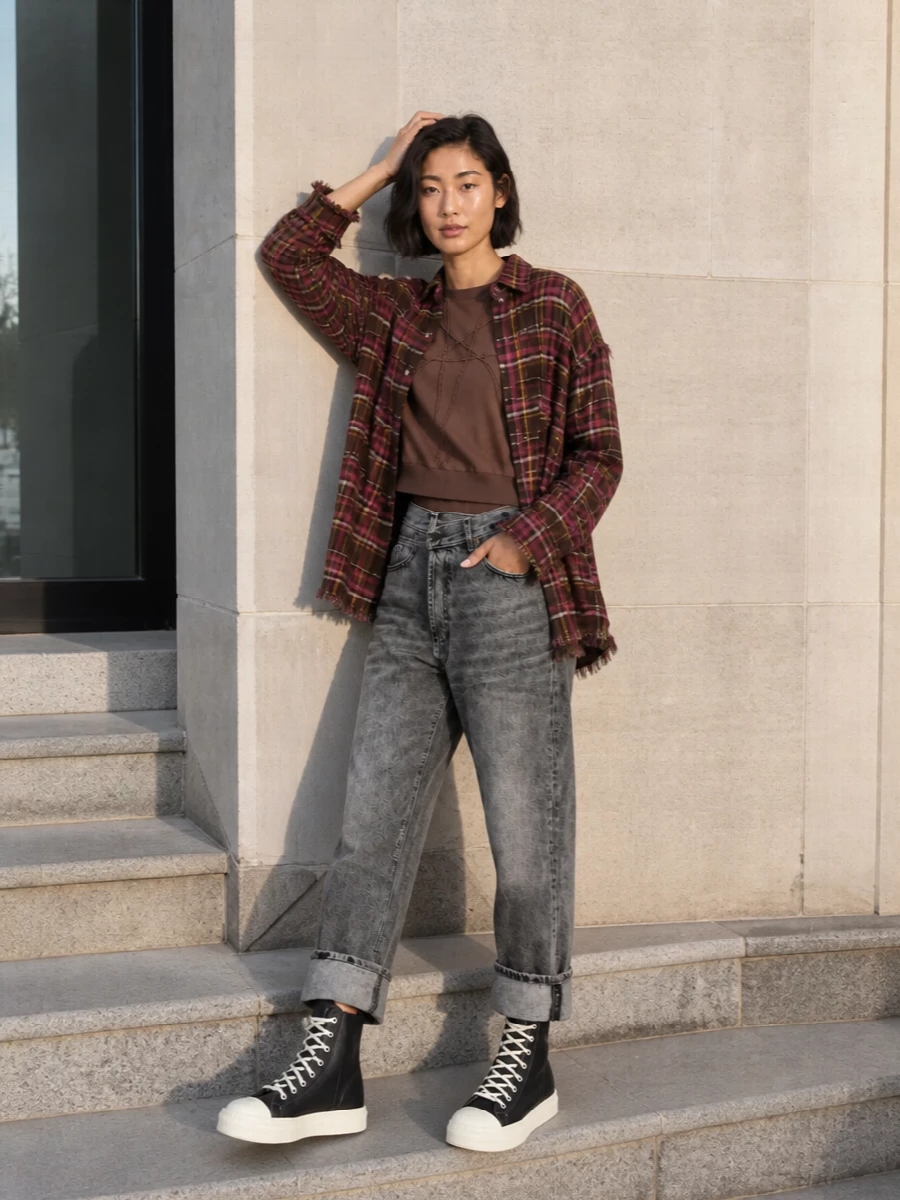 R13 plaid overshirt rick owens knit jeans outfit