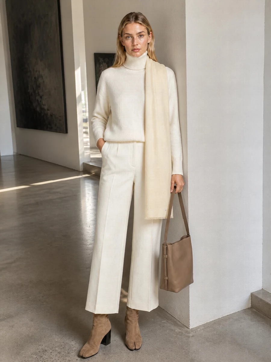 Max mara ivory turtleneck wide leg trousers outfit
