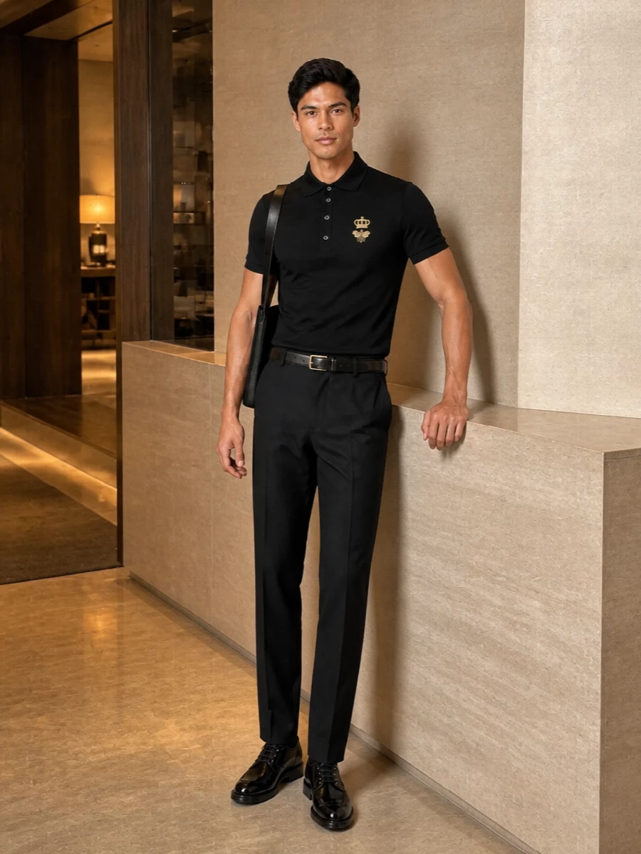 Dolce gabbana black polo tailored trousers outfit