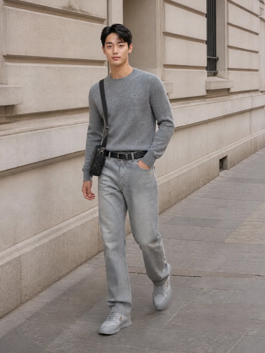 Prada grey denim outfit sneakers crossbody bag