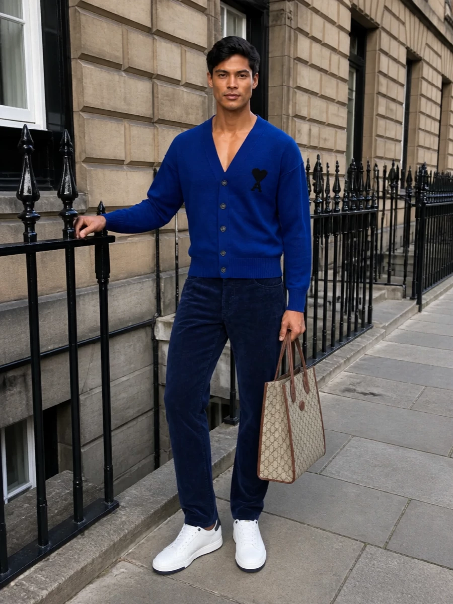 Royal blue knit, inky navy corduroy and crisp white sneakers create a clean, modern take on collegiate style. The GG canvas tote adds a heritage note that keeps the outfit feeling polished rather than sporty. Ideal for city days when you want knits and denim-adjacent texture without losing that quiet, preppy sharpness.