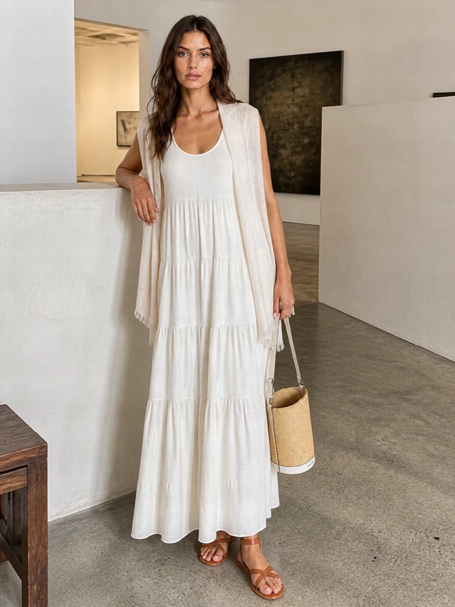Michael kors ivory maxi dress tan flat sandals