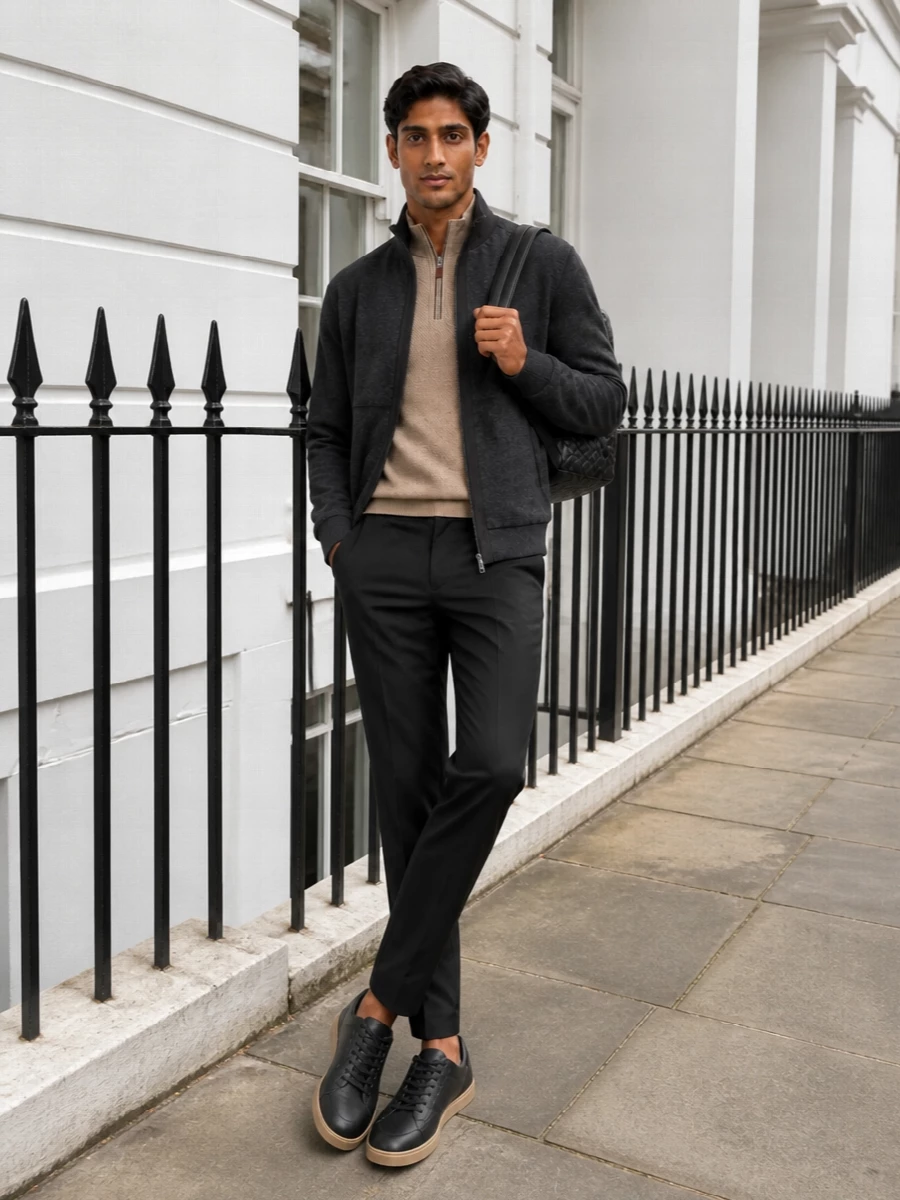 Zegna charcoal bomber camel sweater outfit
