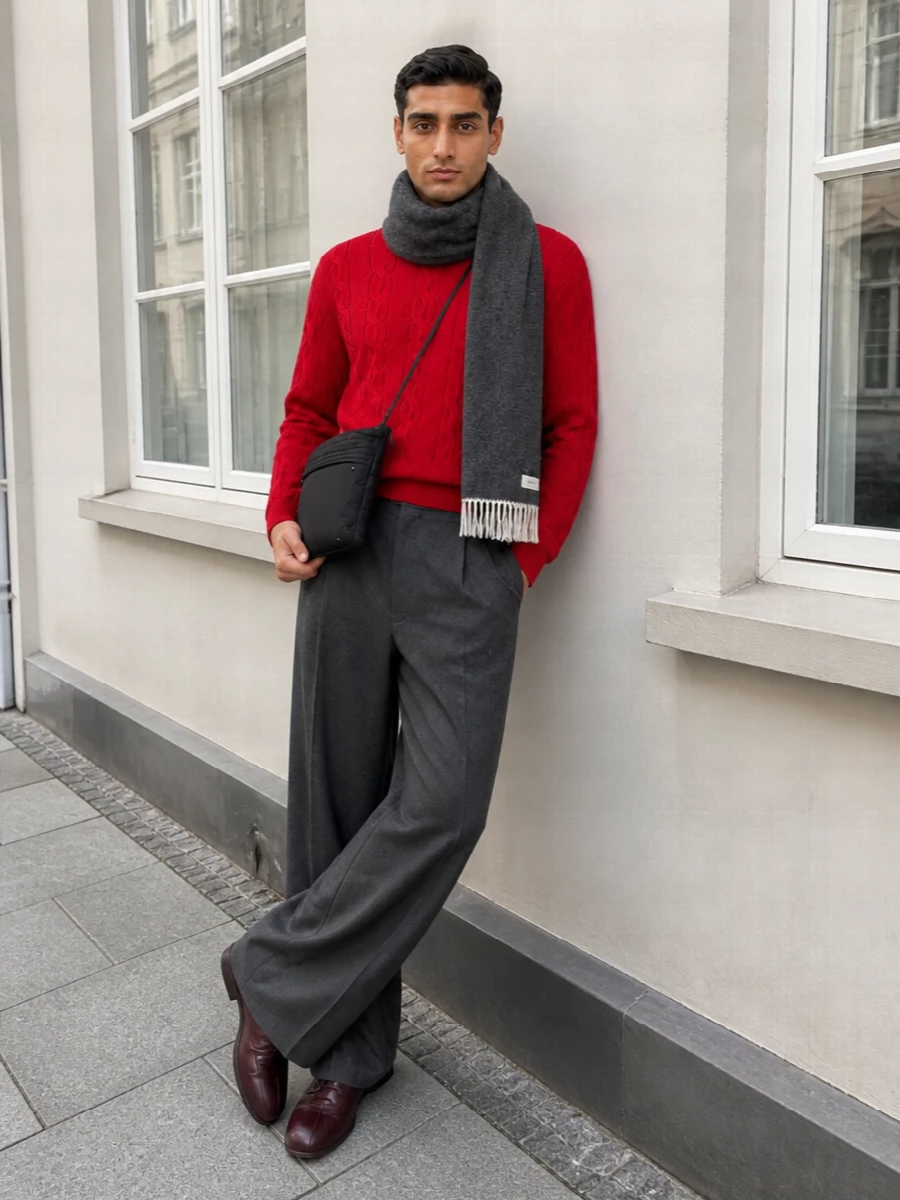 A saturated red cable knit sits over sharp charcoal wide-leg tailoring for a modern take on preppy winter dressing. Burgundy leather sneakers keep the mood relaxed but refined, while the black quilted crossbody and charcoal scarf add texture and restraint that frame the colour rather than fight it. The result is city-ready and confident, ideal for days when you want warmth and structure without feeling dressed up to the nines.