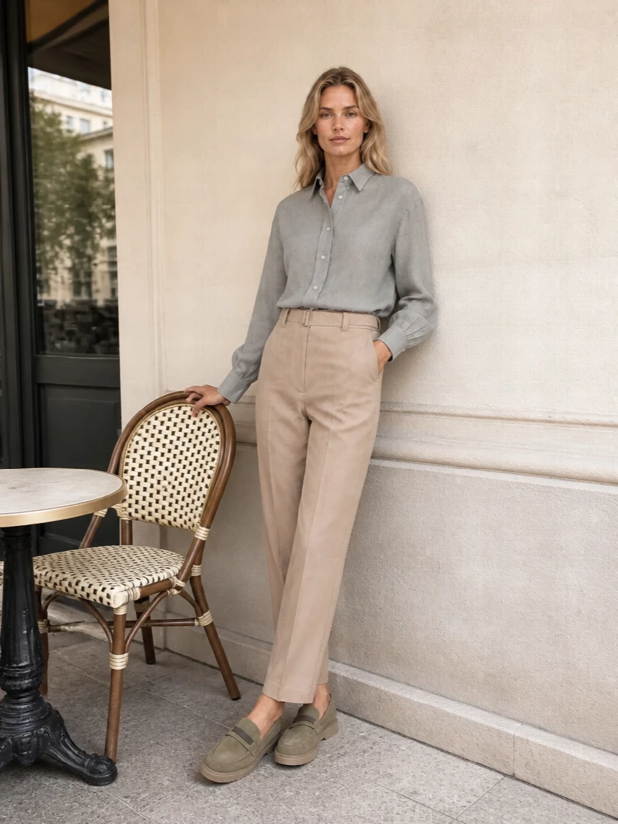 A fluid stone-grey shirt tucked into high-rise warm beige trousers creates a long, relaxed line that lets the taupe suede loafers stay understated but intentional. The softly structured tailoring and neutral-on-neutral palette read quietly refined for daytime in the city. The compact taupe tote adds just enough structure to keep the outfit feeling considered rather than casual.