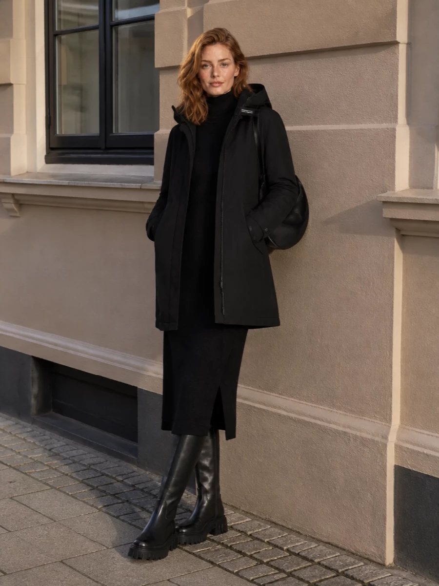 Parosh black knit dress woolrich parka outfit