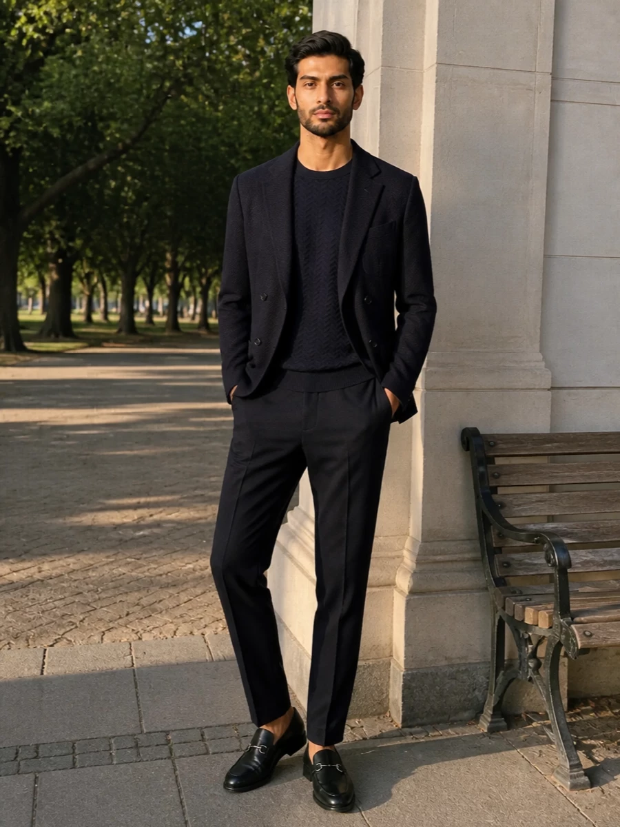 Giorgio armani navy blazer gucci loafers outfit