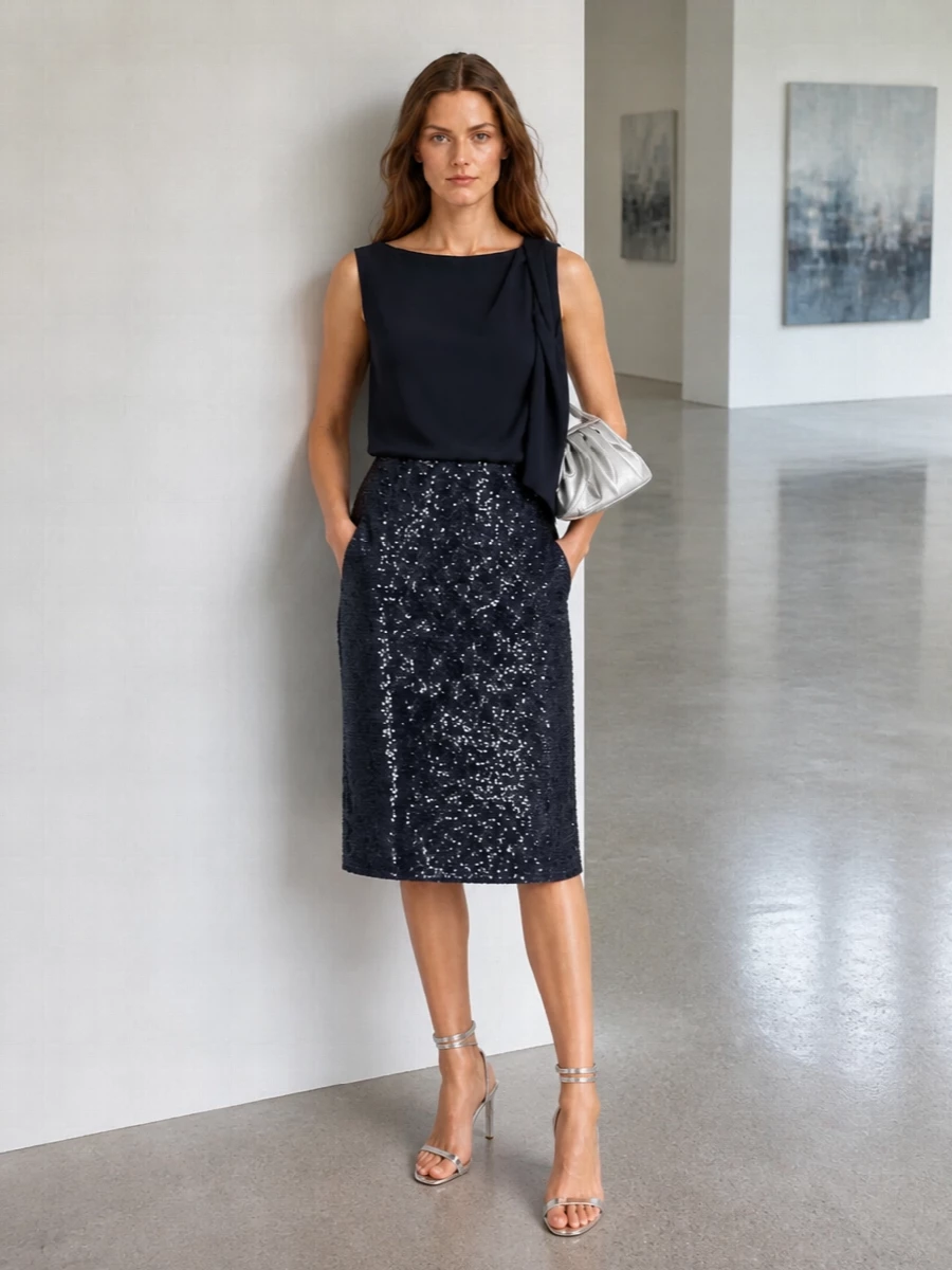 Parosh navy sequin skirt silver heels outfit