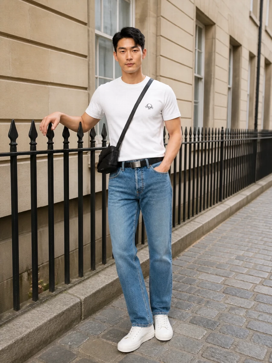 Moschino white tee blue jeans streetwear outfit