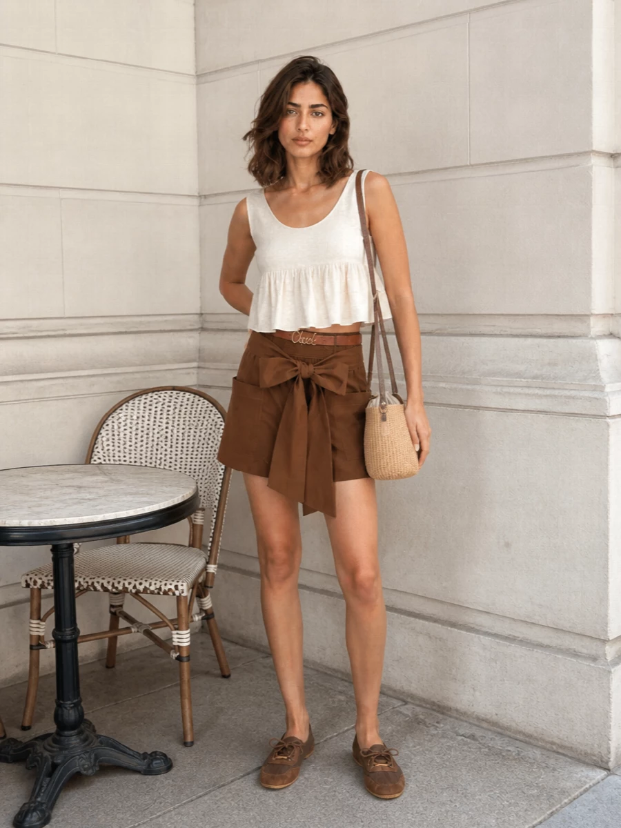 Chloe brown mini skirt ivory top outfit