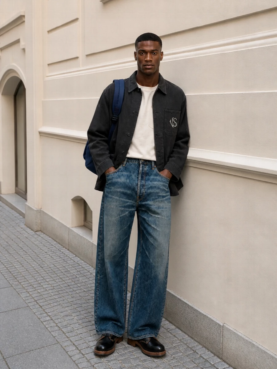 Visvim chore jacket wide leg jeans boots