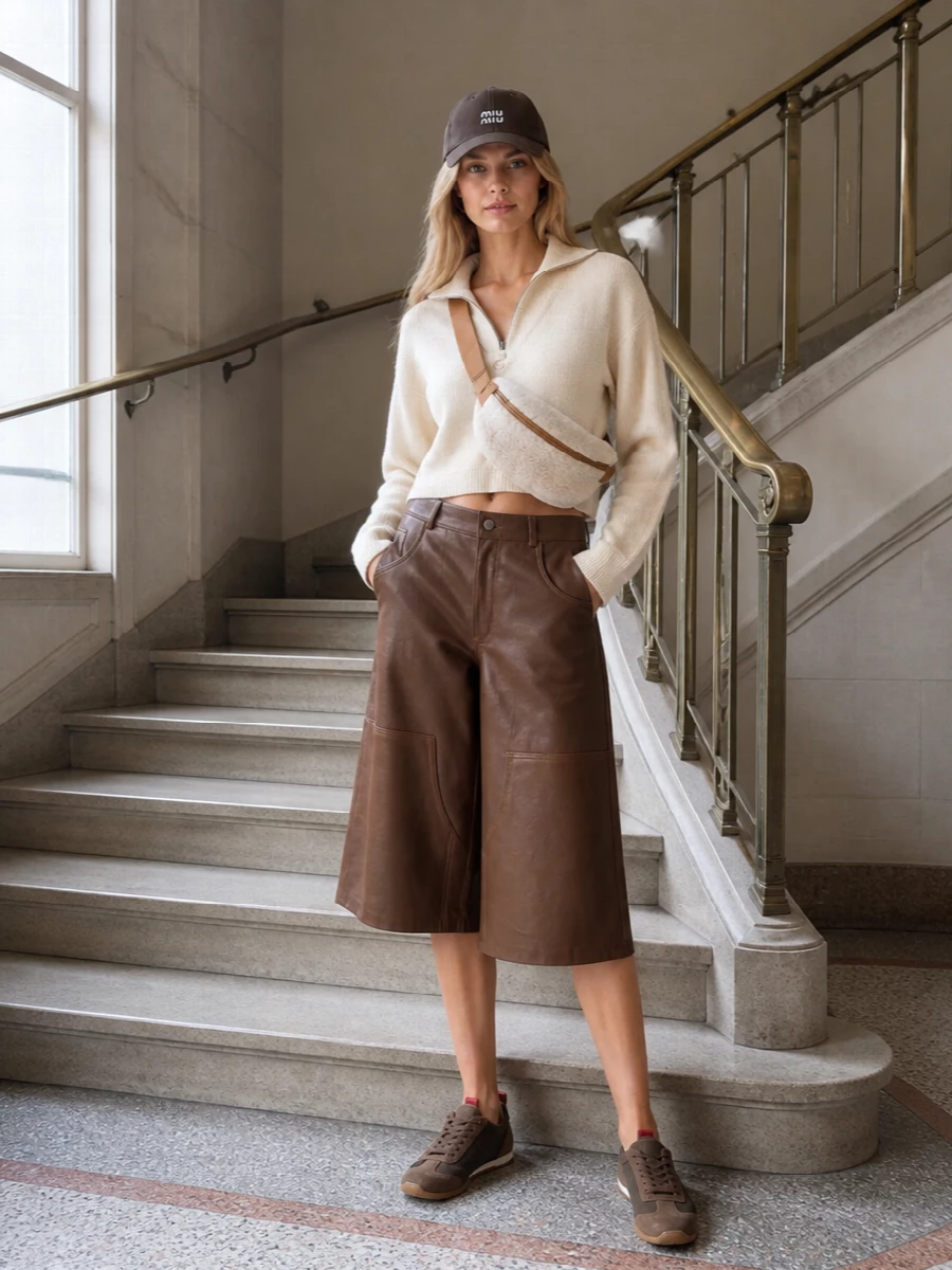 This is a modern city uniform built around warm browns and creams, with the Miu Miu cap and Haikure culottes creating a graphic play between sport and structure. The cropped Coperni half-zip and Uma Wang sneakers keep the proportions relaxed but intentional, while the shearling belt bag adds texture and a hands-free, on-the-move attitude. Choosing the top and culotte combination over a dress keeps the outfit firmly in a fashion-forward streetwear space, in line with the cap’s casual energy and the cooler season.