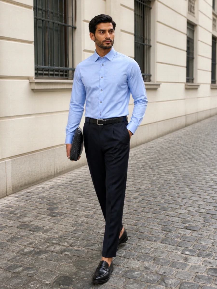 Prada shirt navy trousers city office style