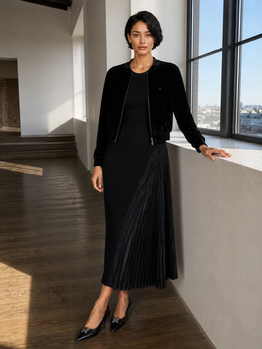 Emporio armani black velvet bomber knit midi outfit