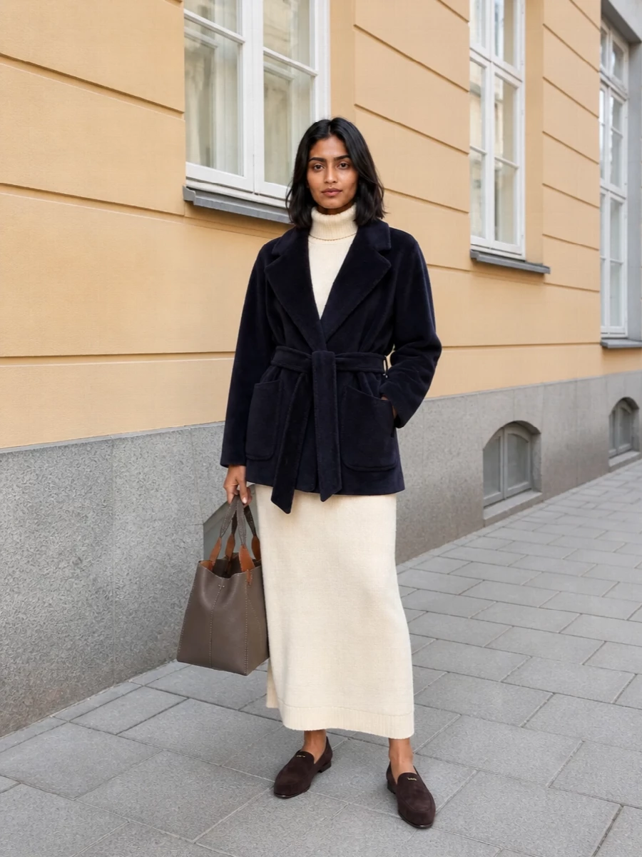 Tagliatore navy coat jil sander knit dress outfit