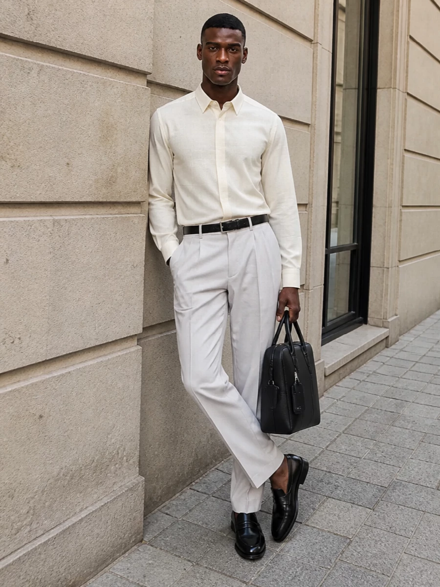 Mens pleated trousers shirt outfit for work