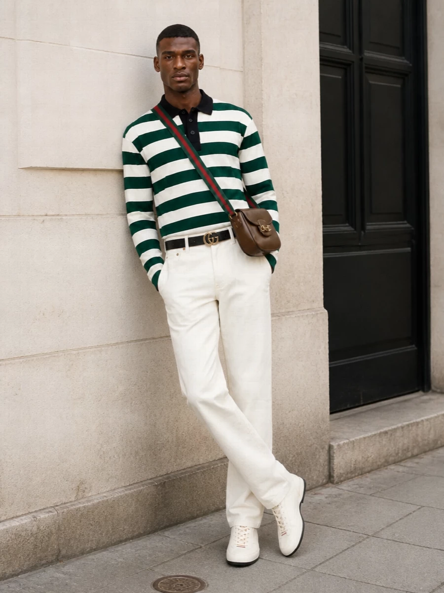 Gucci rugby sweater ivory trousers outfit