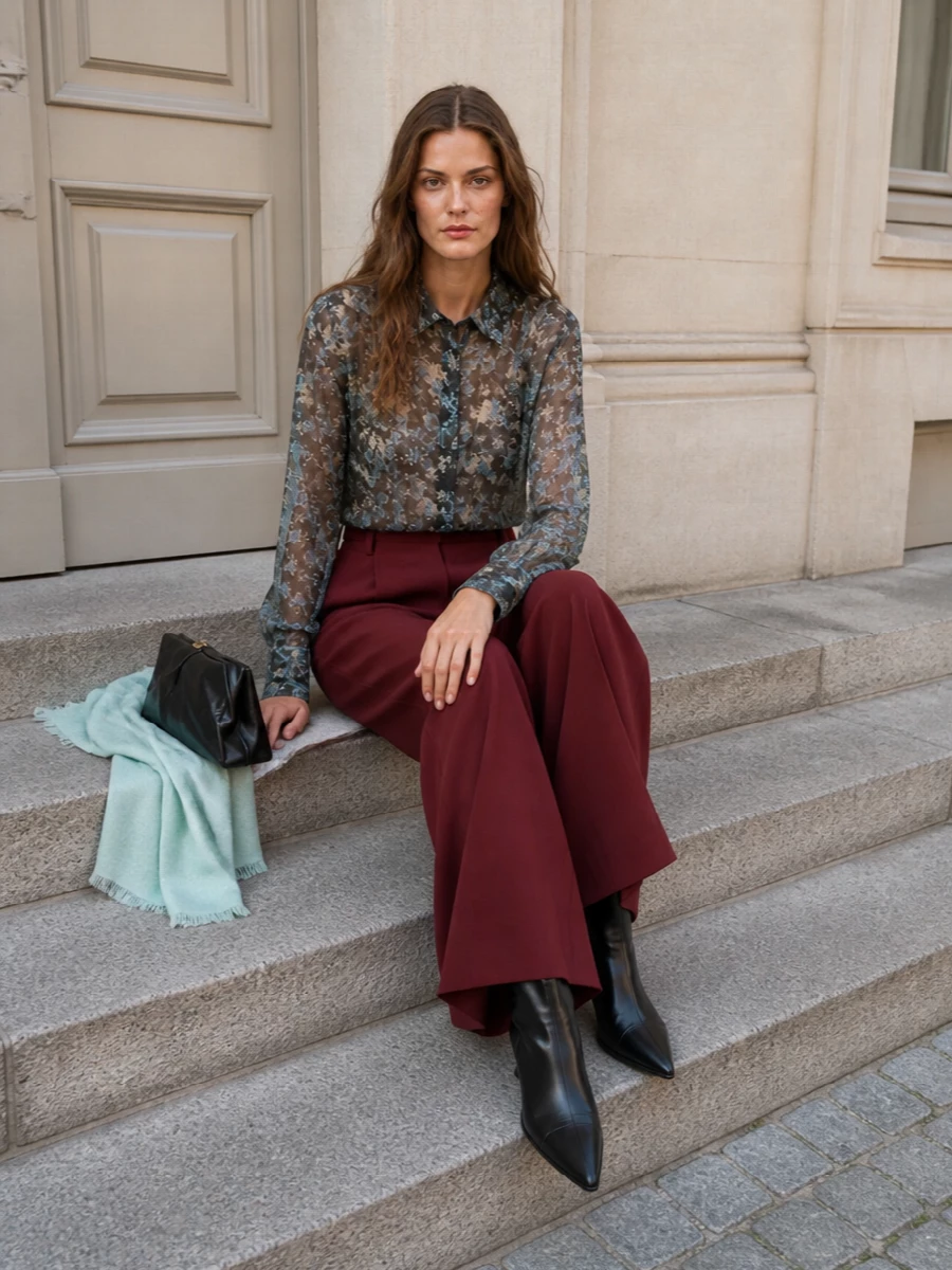 Sheer charcoal florals skim over deep burgundy tailoring for a romantic yet precise take on evening shirting. The high-rise wide leg and sculpted black boot create a long, fluid line, while the glossy clutch and soft mint scarf keep the mood polished and poetic rather than strict.