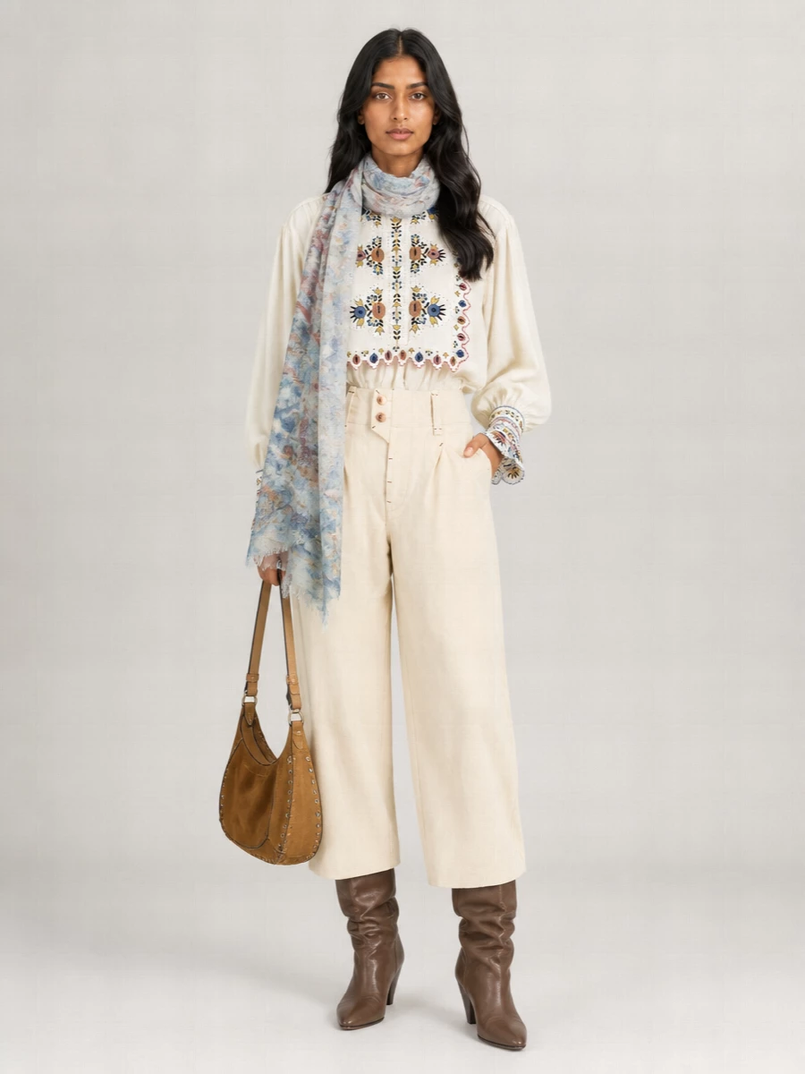 Isabel Marant Etoile Viscose Linen Embroidered Long Sleeve Blouse